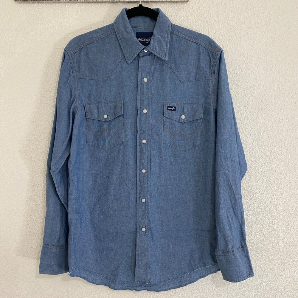 VTG Wrangler Shirt Large Blue Pearl Snap Denim Western Rancher Cowboy Outdoor